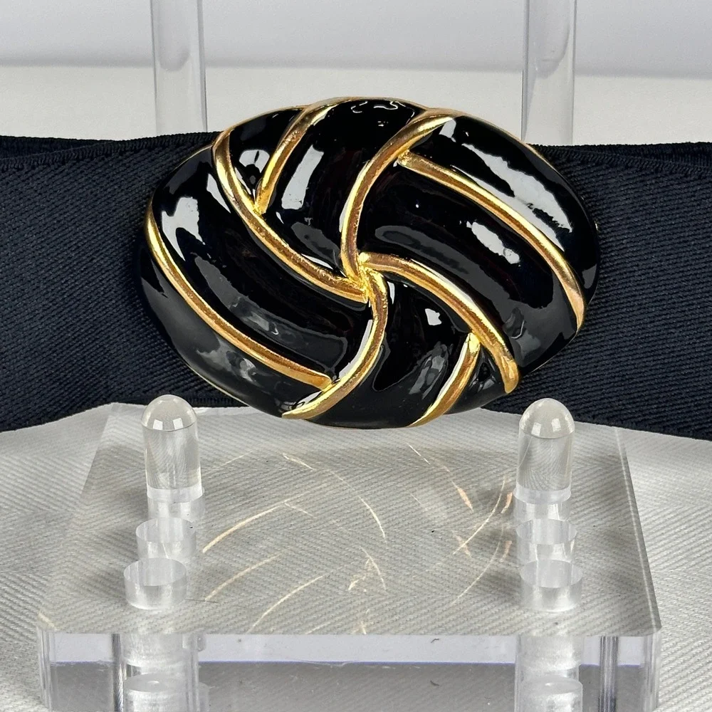 Vintage Day-Lor Black & Gold Enamel‎ Cinch Belt Sculptural Statement Elastic